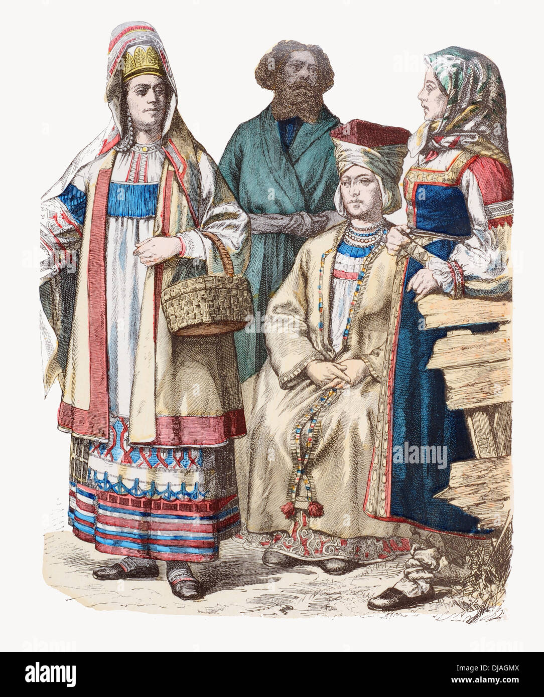 19e siècle XIX Russie gauche à droite Dame de Riazan, homme Woronesh, Dame de Finlande et la femme de Petersburg Banque D'Images