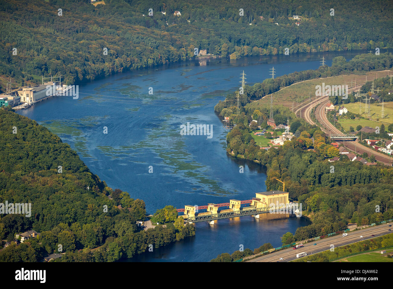 Vue aérienne, Hengstey centrale au fil de l'eau sur le lac Hengsteysee, Herdecke, Hagen, Rhénanie du Nord-Westphalie, Allemagne Banque D'Images