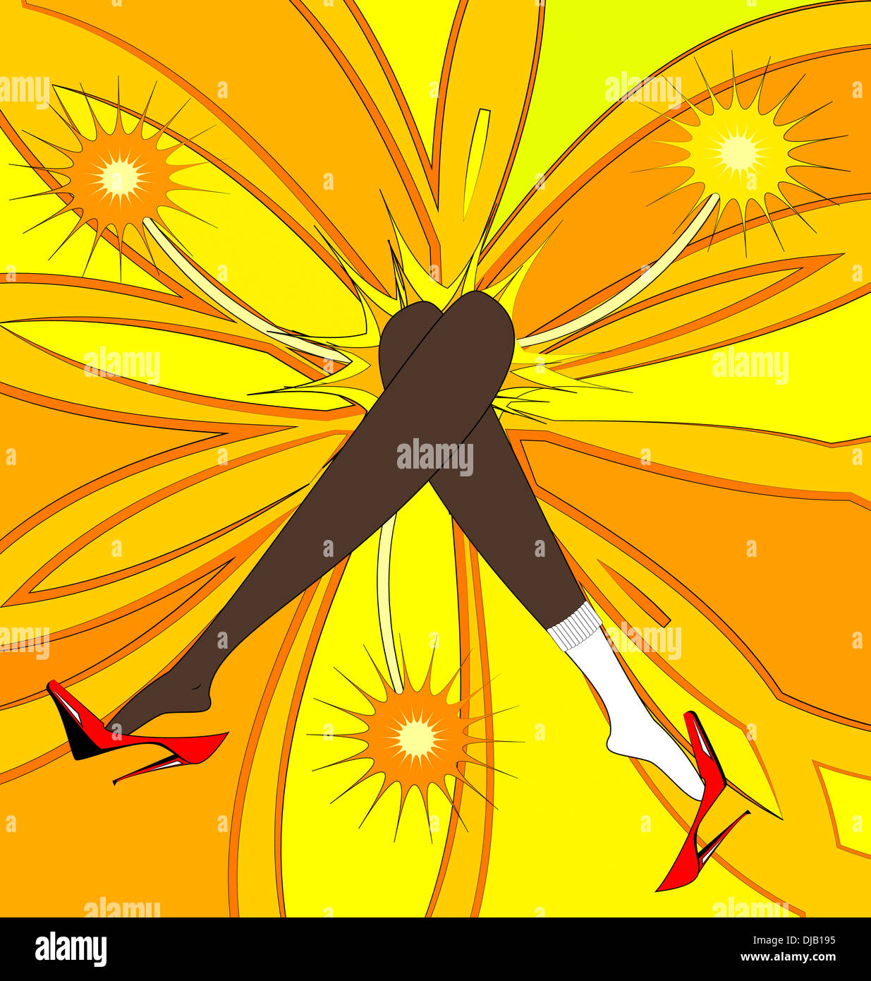 Une grande fleur jaune et rouge avec des jambes des femmes résumé shoes Banque D'Images