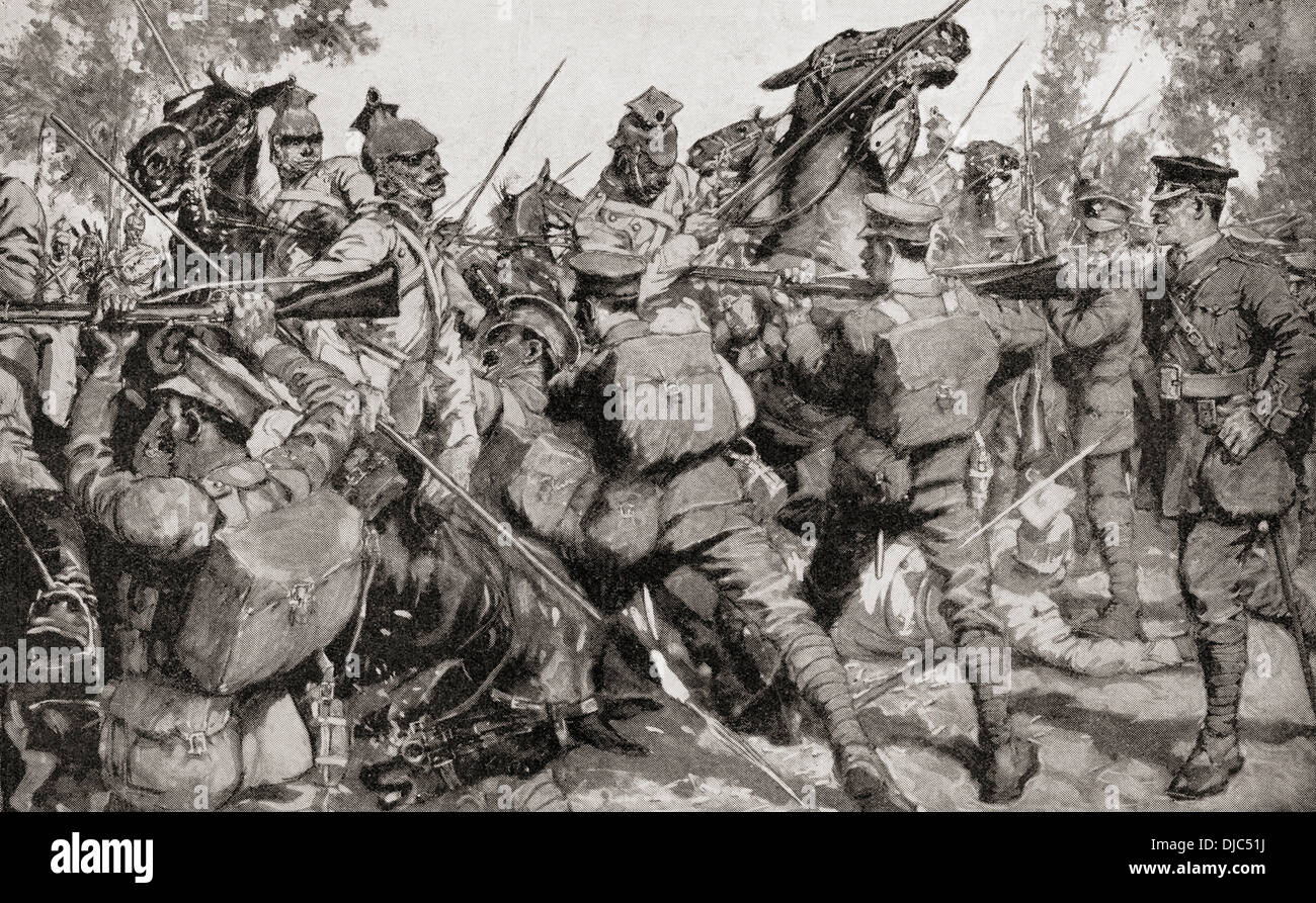 Irish Guards ont repoussé une charge de cavalerie allemande à la baïonnette au cours de la PREMIÈRE GUERRE MONDIALE. À partir de la guerre d'album Deluxe, publié en 1915. Banque D'Images