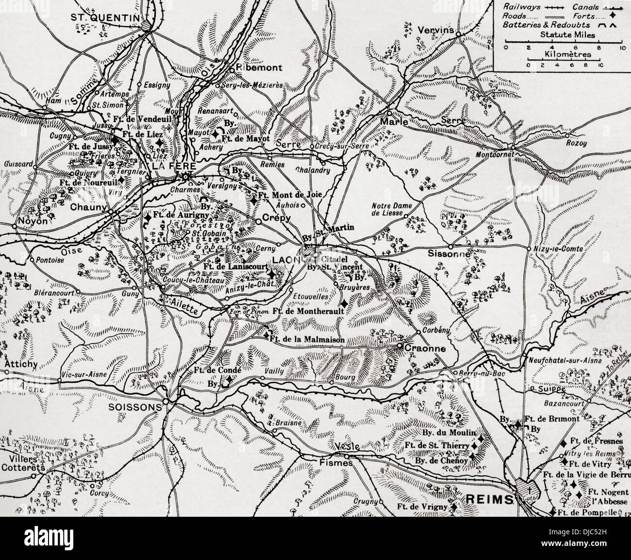 Carte illustrant l'ordre de la première bataille de l'Aisne, ont combattu le long de la rivière Aisne, Oise et Somme, France au cours de la PREMIÈRE GUERRE MONDIALE. Banque D'Images