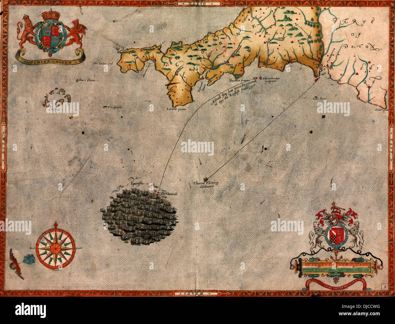 La carte d'attaque de l'Armada espagnole et en Angleterre avec la défense nationale, 1588 Banque D'Images