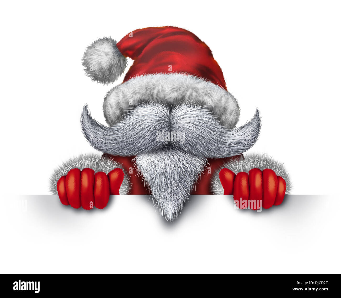 Santa Claus holding a blank sign horizontale sous la forme d'une icône avec une barbe blanche et un costume rouge neige pour Noël fun et joyeux fête des vacances d'hiver sur fond blanc avec l'exemplaire de l'espace. Banque D'Images