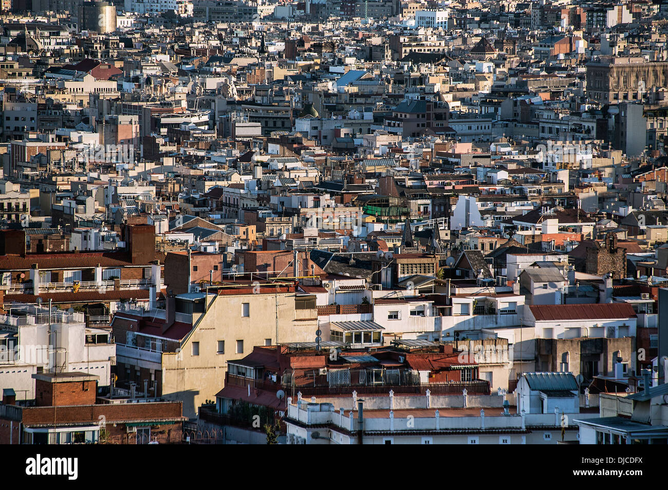 Vue aérienne d'une partie du centre-ville de Barcelone, Espagne. Banque D'Images