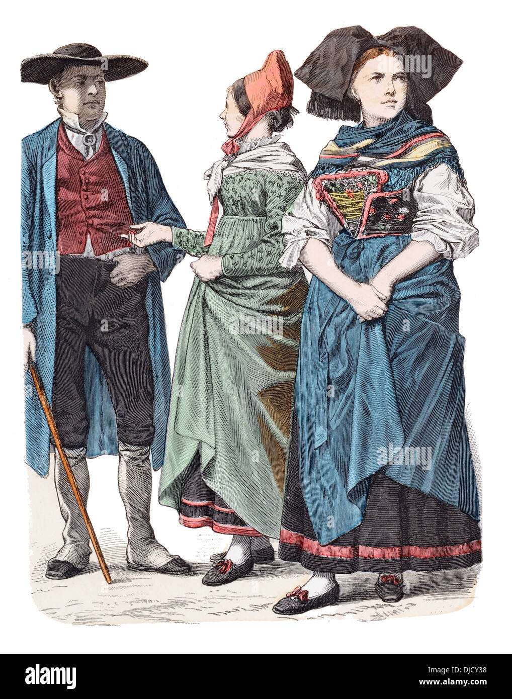Fin du 19e siècle XIX 1800 costumes d'Alsace Française (de gauche à droite) Oberseebach, Uschbach et Strasbourg Banque D'Images