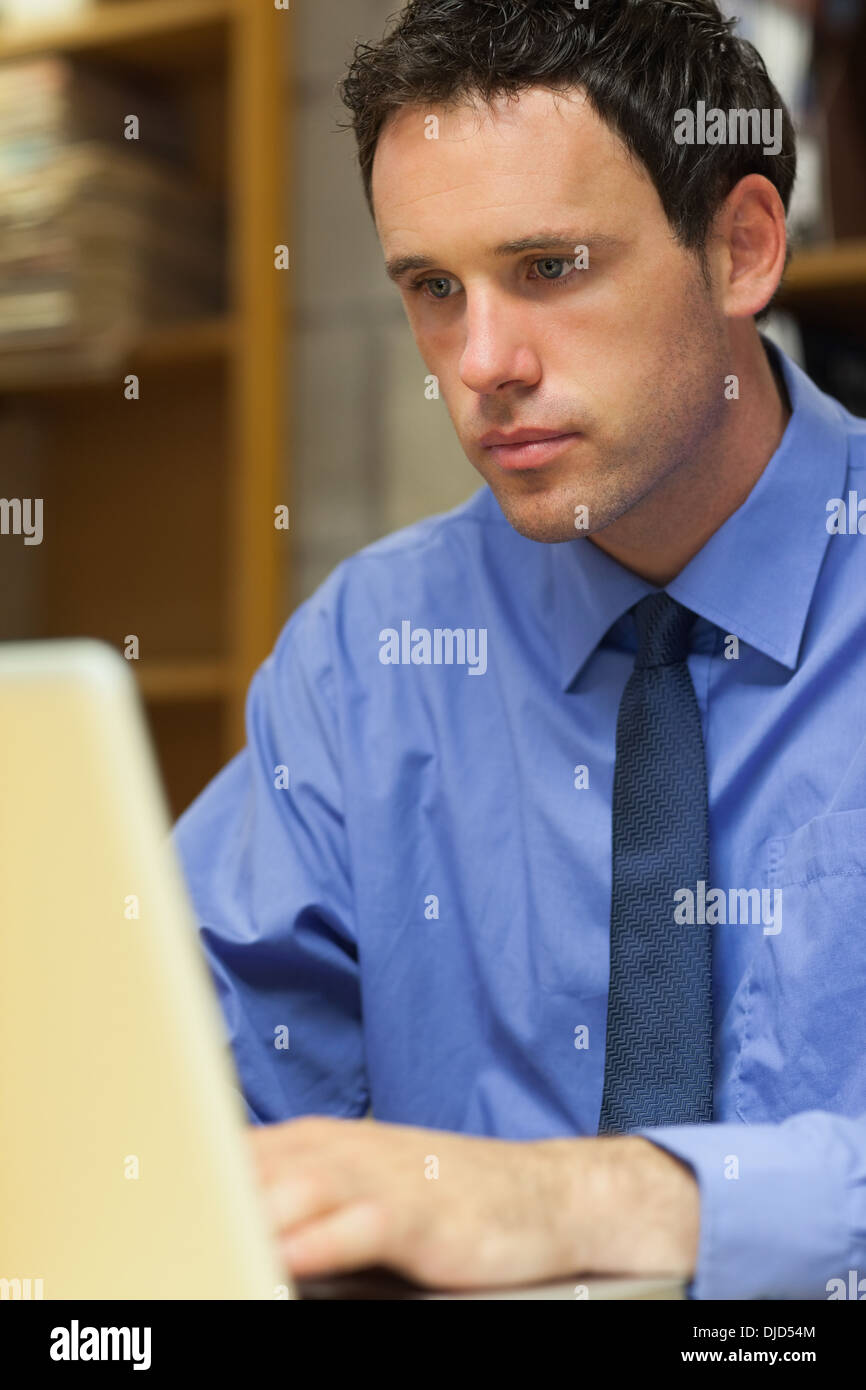 Beau travail bibliothécaire at laptop Banque D'Images