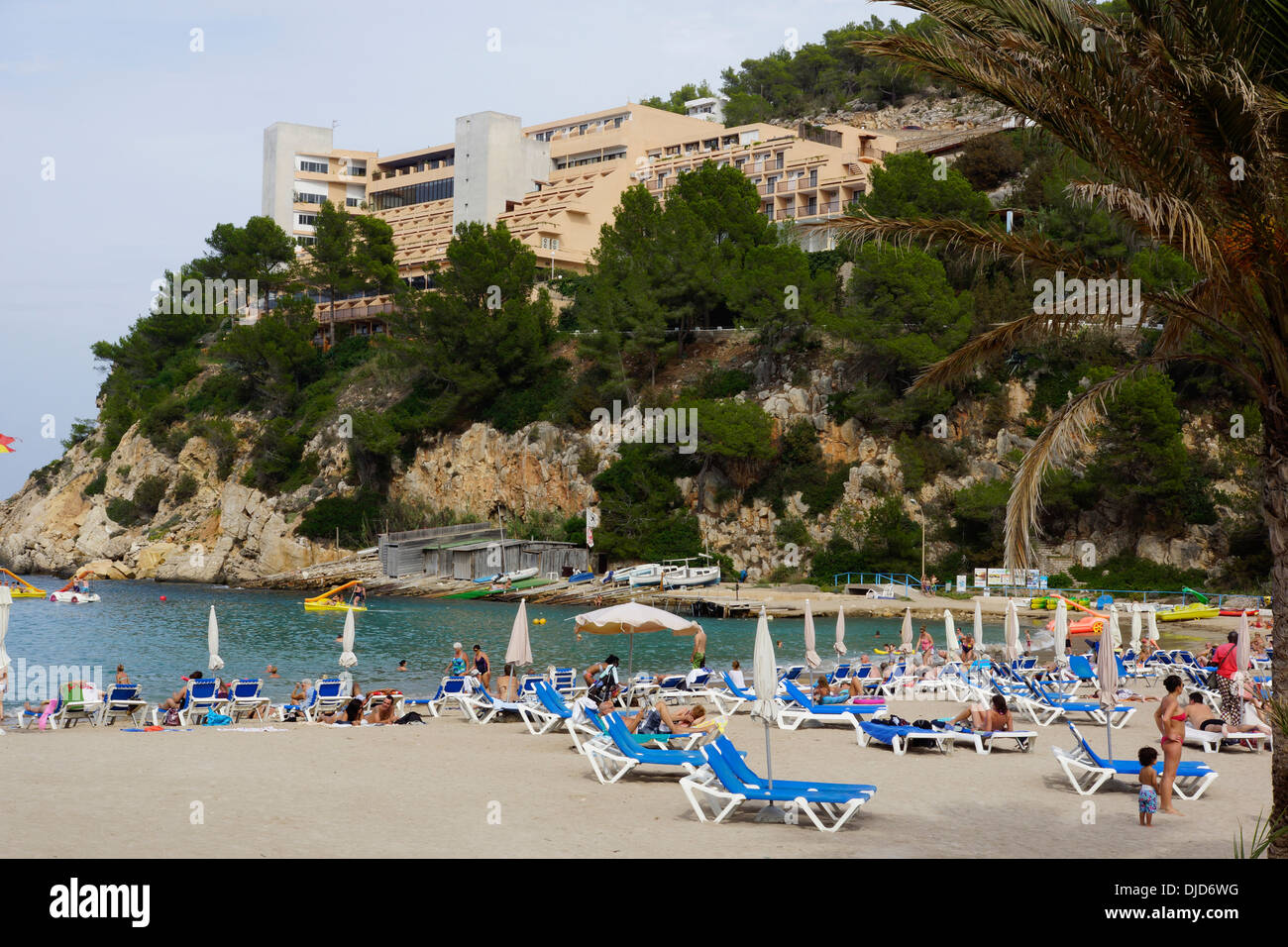 Plage de port de Sant Miguel, Sant Joan de Labritja, Ibiza, ESPAGNE Banque D'Images