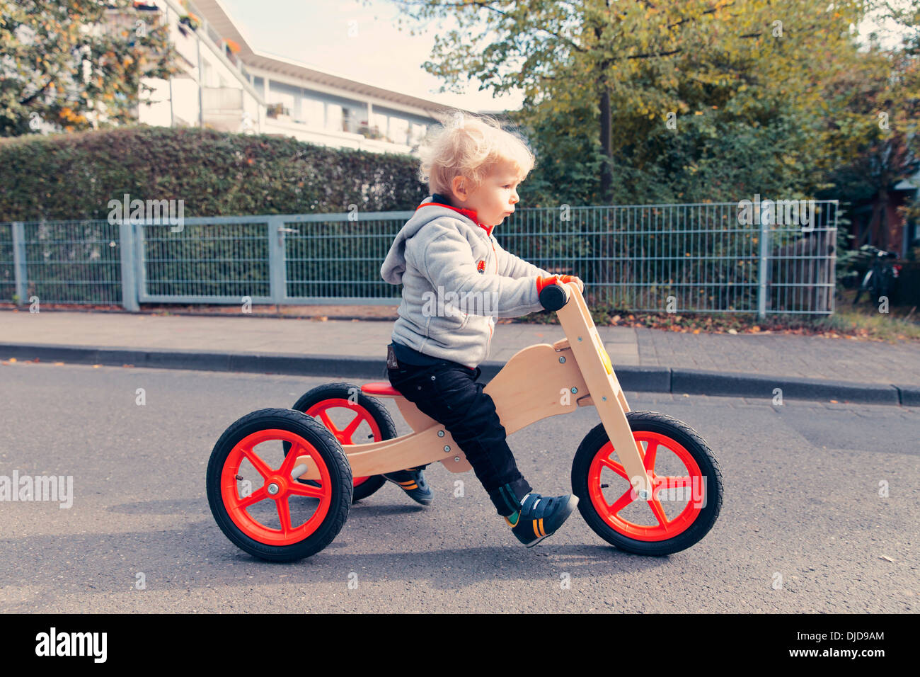 Allemagne, Bonn, petit garçon avec tricycle en bois Banque D'Images
