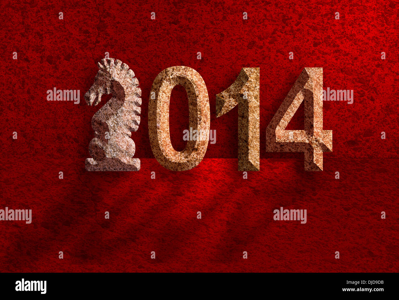 2014 Nouvelle Année lunaire chinoise du cheval de blocs de pierre ciseau 3D Chiffres sur Red Grunge fond Illustration Banque D'Images