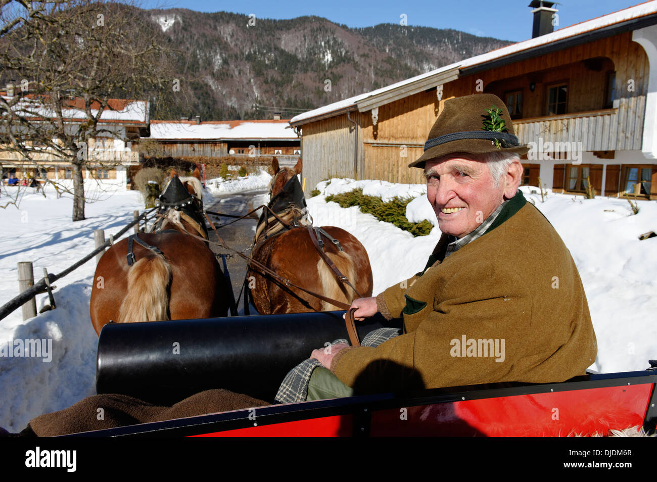 Coachman, en carriole de Rottach à l'Weissachalm Weissachtal en vallée, terre, région Tegernseer Haute-bavière, Bavière Banque D'Images