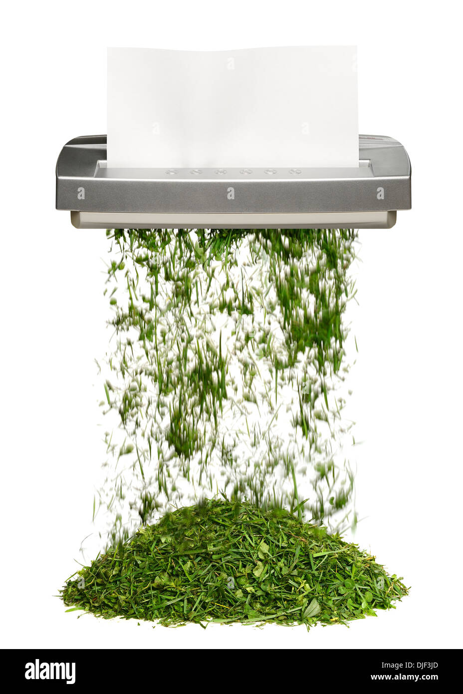 Shredder en tournant le papier dans l'herbe. Green Office Concept. Banque D'Images