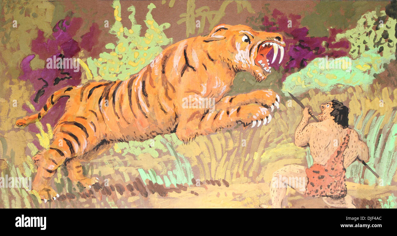 Illustration d'un tigre à dents de sabre avec un homme des cavernes Banque D'Images