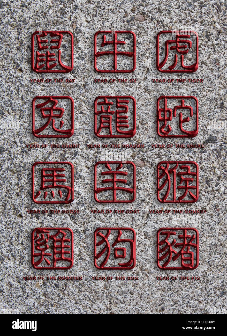 12 Les animaux du zodiaque chinois caractère de texte en pierre de granit Stamp Chop signe sur Stone Texture Background Illustration Banque D'Images