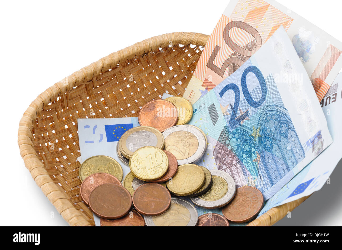 Un petit panier avec de l'argent, faire une collecte pour la charité Banque D'Images