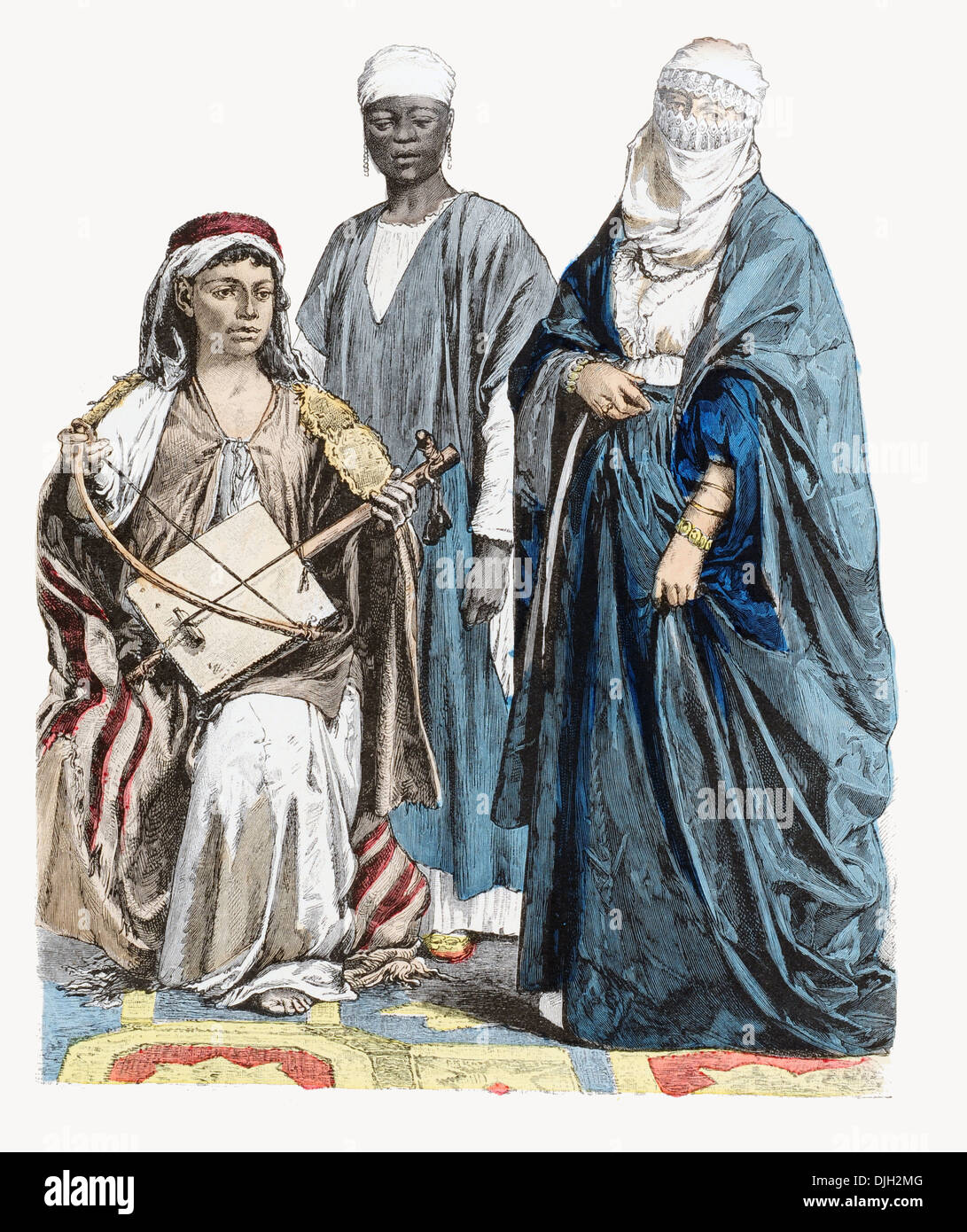 19e siècle XIX femme Bédouin égyptien et d'un esclave africain musicien dame en costume musulman, rue du Caire Banque D'Images