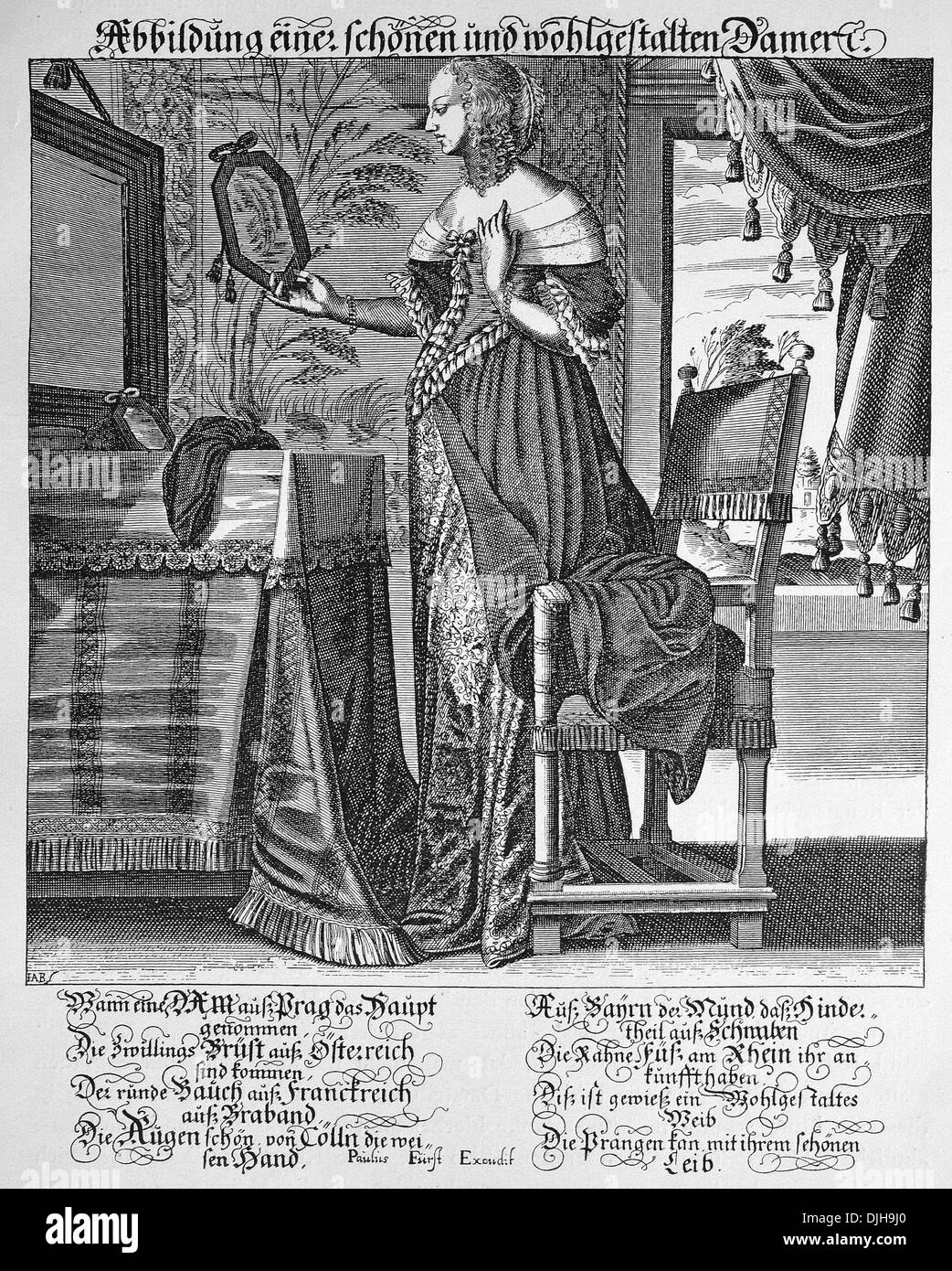 Photo d'une belle femme et bien fait, gravure sur cuivre par Paulus Fuerst, fin du 16e siècle Banque D'Images