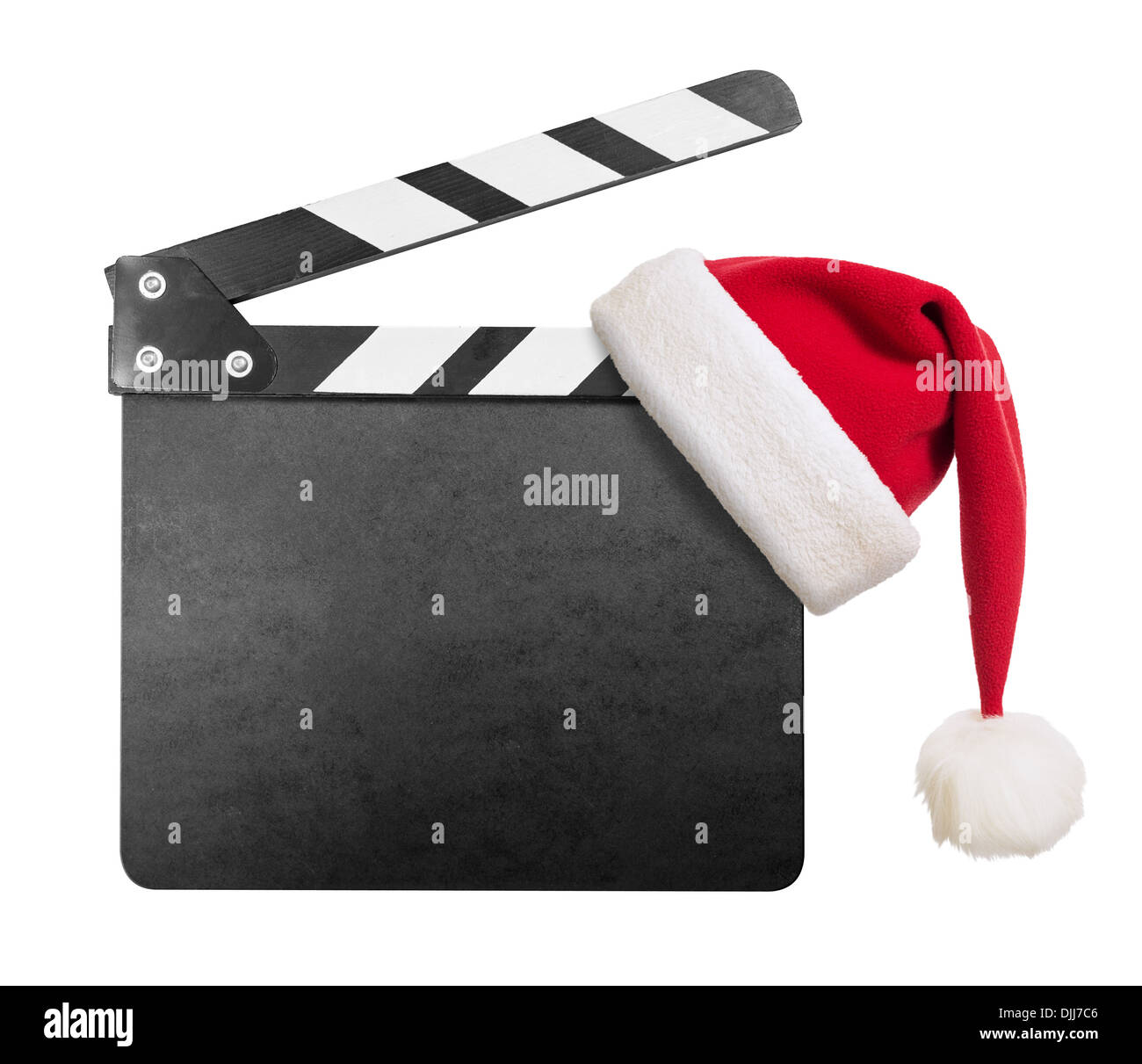Clapper board avec Santa's hat sur elle isolated on white Banque D'Images