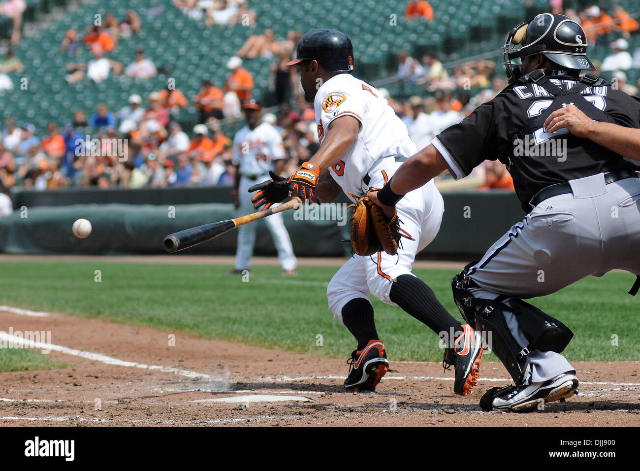 08 août 2010 - Baltimore, Maryland, États-Unis d'Amérique - Août 08, 2010 : Baltimore Orioles frappeur Corey Patterson (6) définit un bunt en troisième manche de jeu du dimanche après-midi contre les White Sox de Chicago au Camden Yards de Baltimore, MD. Score à égalité 1 à 5 manches...crédit obligatoire : Russell Tracy / Southcreek Global (Image Crédit : Â© Southcreek Banque D'Images