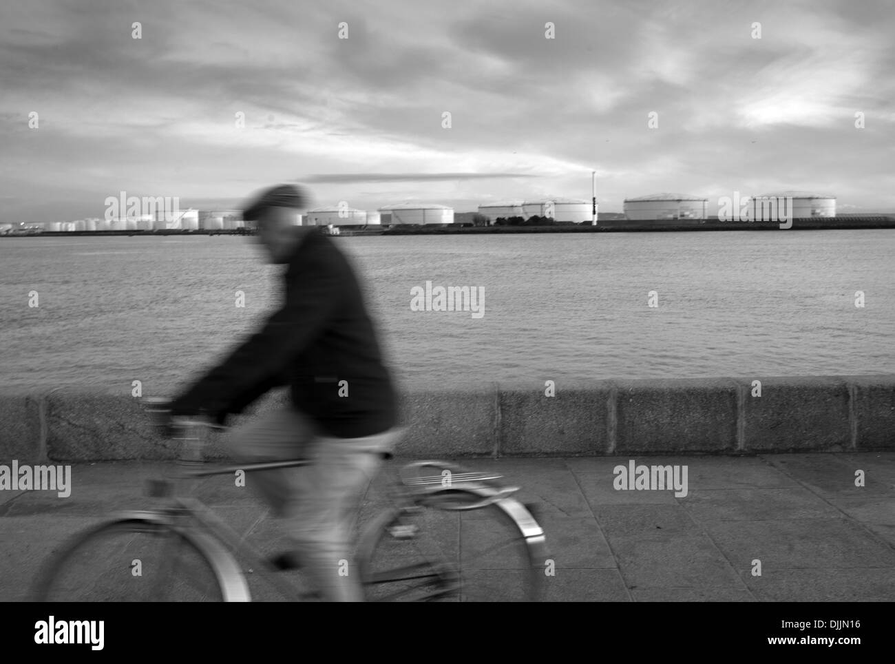 Les cyclistes âgés par l'embouchure de la Seine, Le Havre, France Banque D'Images