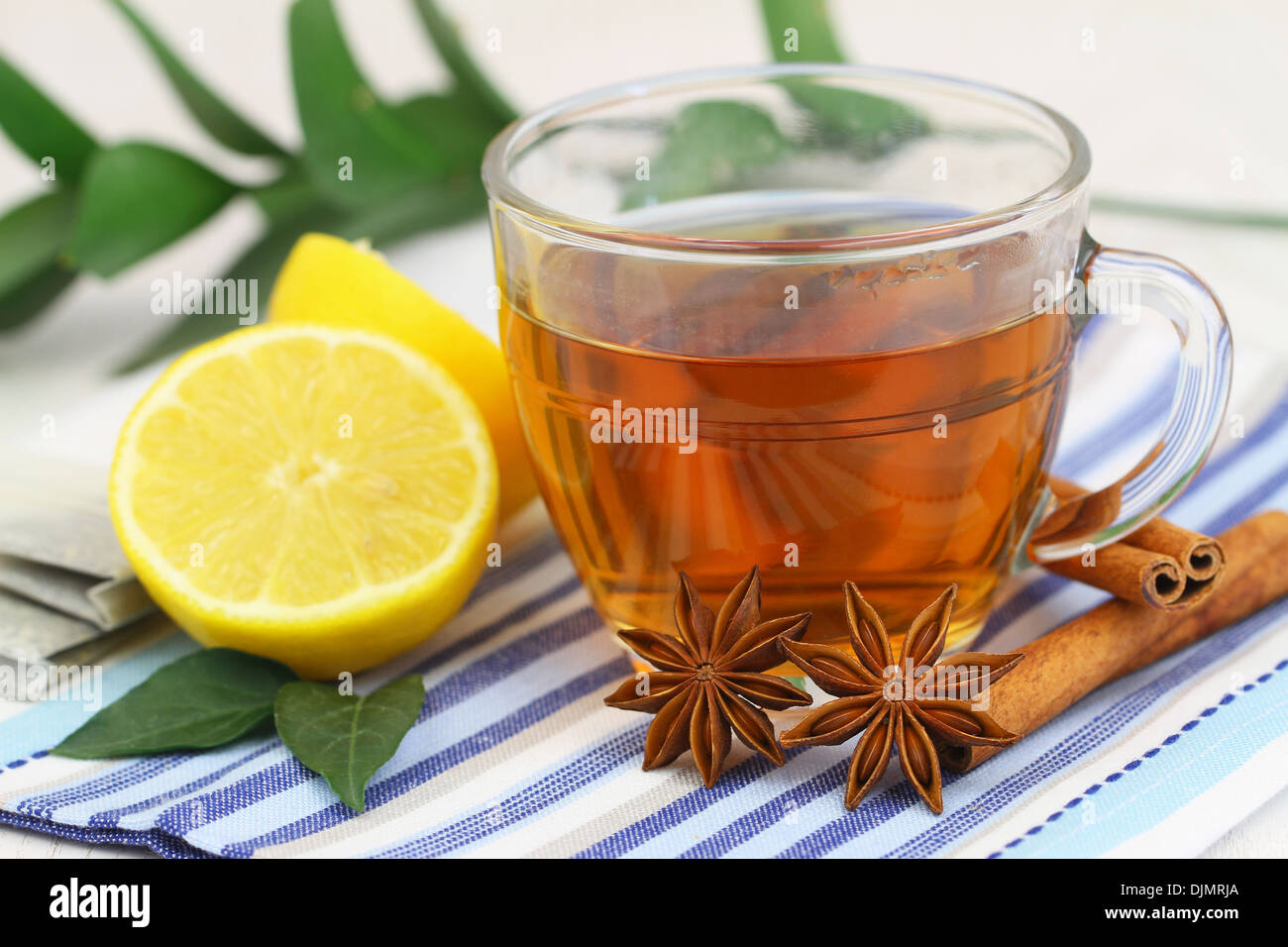 Le thé, le citron, l'anis étoilé et la cannelle Banque D'Images