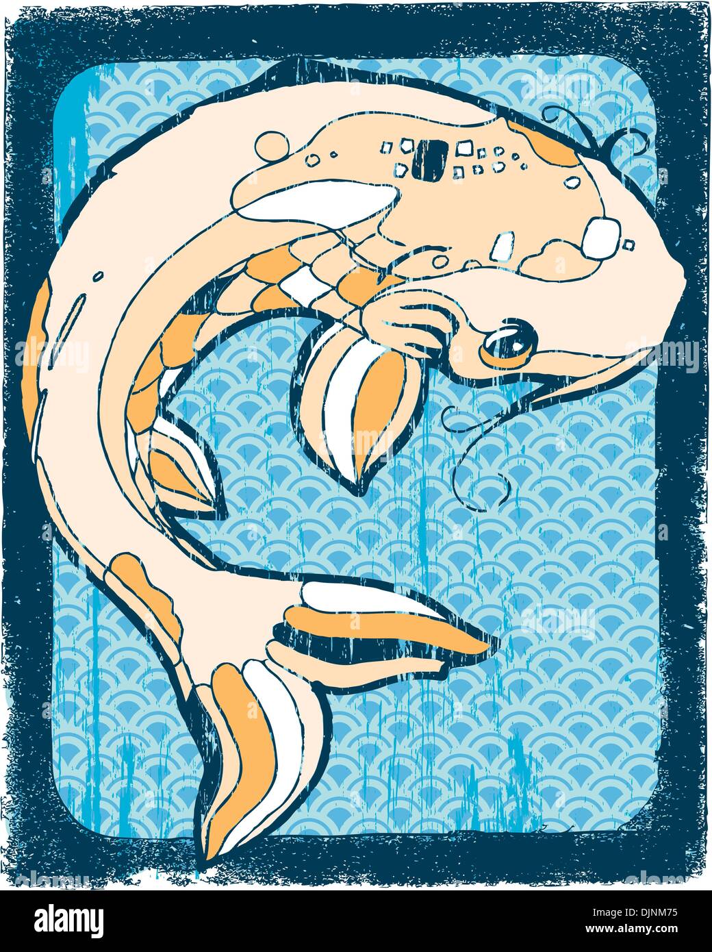 Estampe de poisson koi sur fond d'onde. Illustration de Vecteur