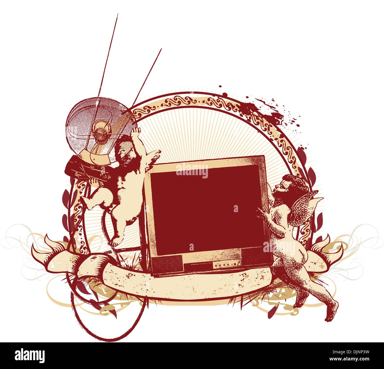 Insigne du vecteur et de bannière. Deux jolies cupids essayant de trouver une chaîne de télévision. Illustration de Vecteur