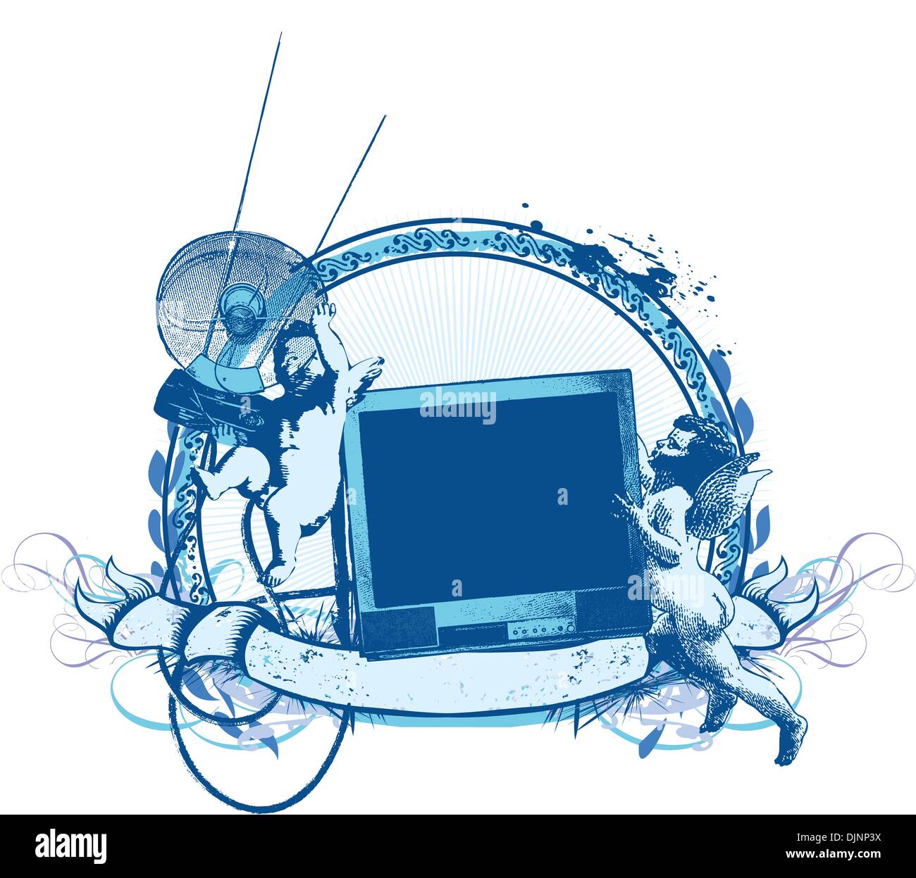 Insigne du vecteur et de bannière. Deux jolies cupids essayant de trouver une chaîne de télévision. Illustration de Vecteur