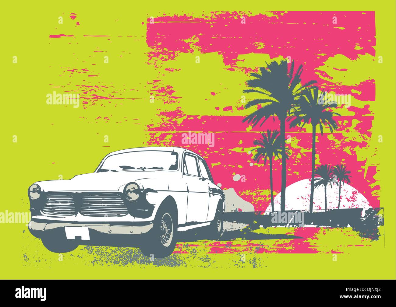 Vector illustration de vintage car sur la plage avec palmiers et coucher du soleil Illustration de Vecteur