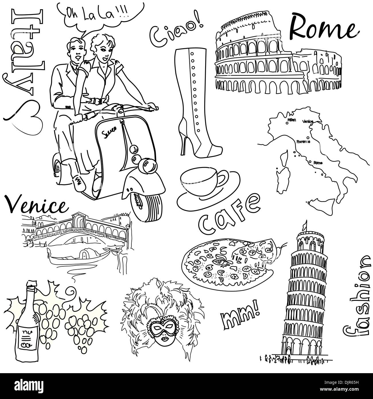 Tourisme en Italie doodles Illustration de Vecteur