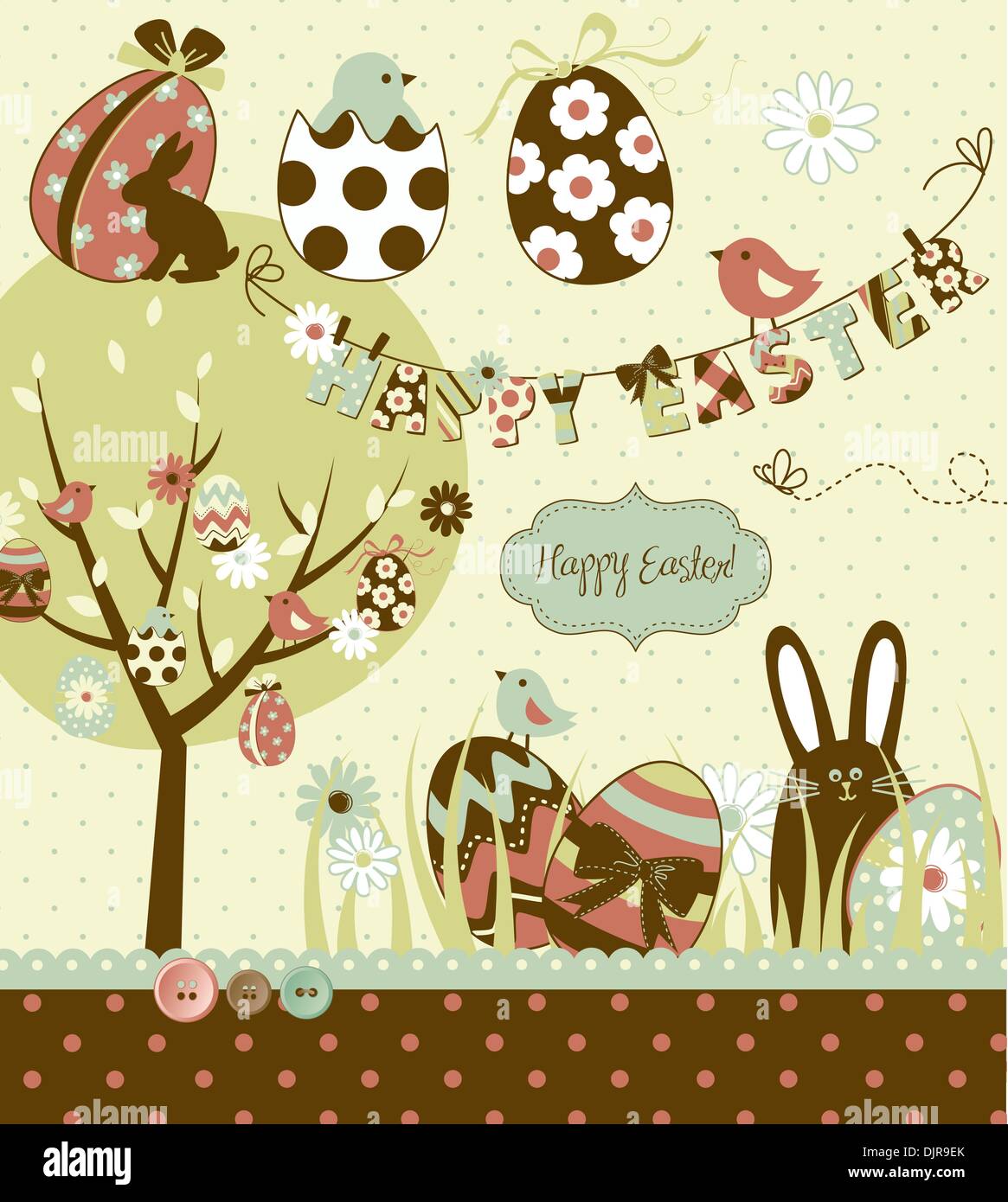 Easter Extravaganza. Grand jeu de Pâques avec mignon lapin en chocolat, les oeufs colorés, les poussins, arbre de Pâques et une corde avec lette Illustration de Vecteur