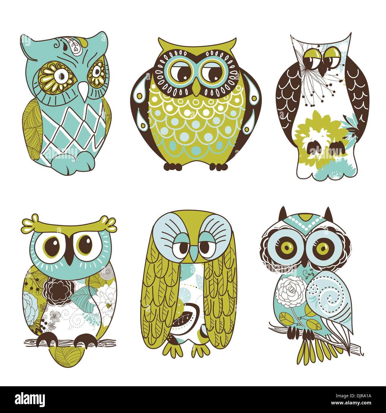 Collection de six différents hiboux Illustration de Vecteur
