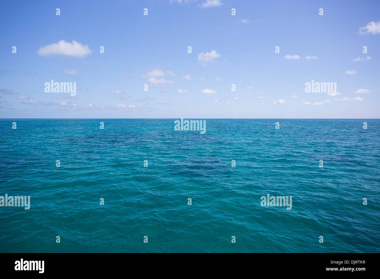 Vue sur la mer de Corail sur une journée ensoleillée avec des nuages dans le ciel, au large de la côte du nord tropical du Queensland, Australie Banque D'Images