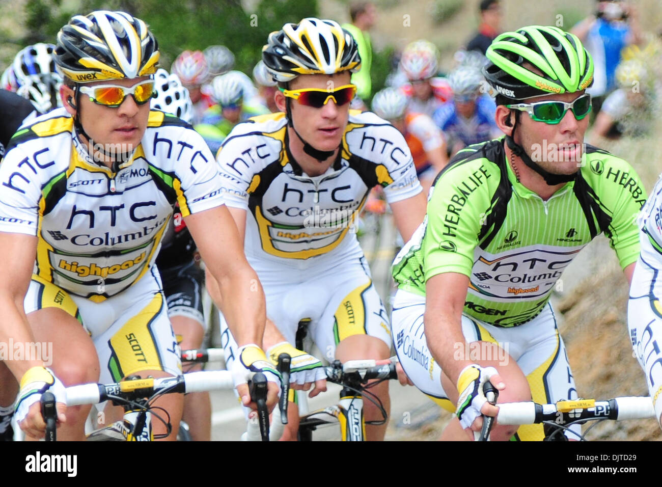 Livermore, CA : Team HTC Columbia espère aujourd'hui sera un sprint de fin  de champ comme ils protègent son coéquipier Mark Cavendish portant le  maillot du Sprinter vert. L'étape 4 du Tour