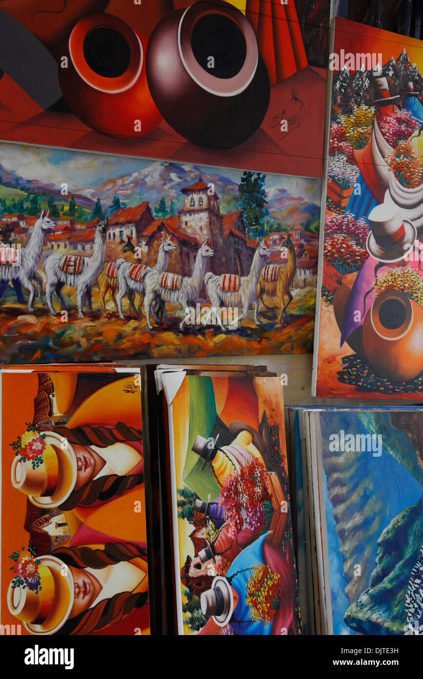 Peinture à vendre à la galerie dans quartier de San Blas, Cuzco, Pérou. Banque D'Images