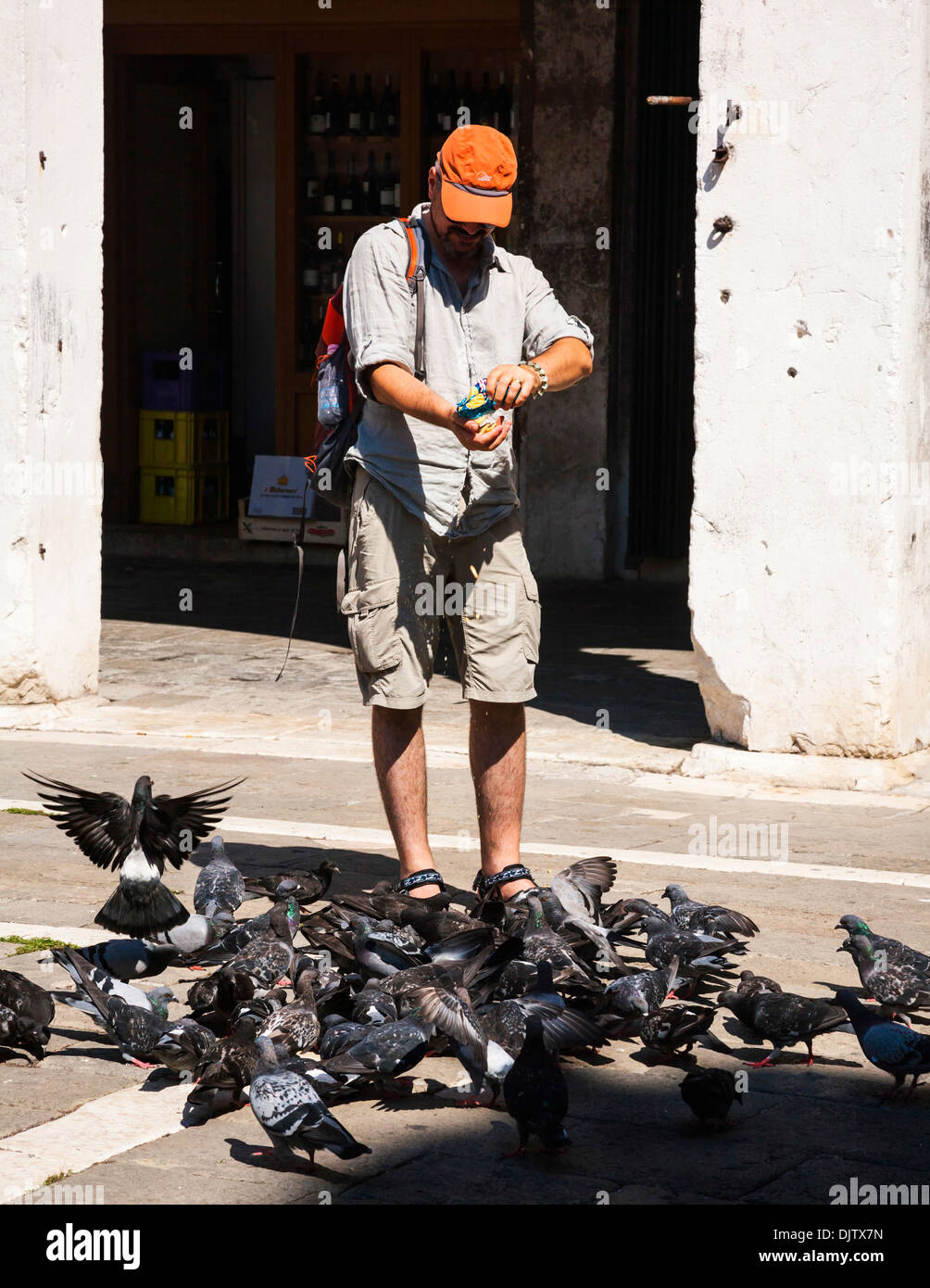 Nourrir les pigeons sur un homme de la rue de Venise, Vénétie, Italie. Banque D'Images