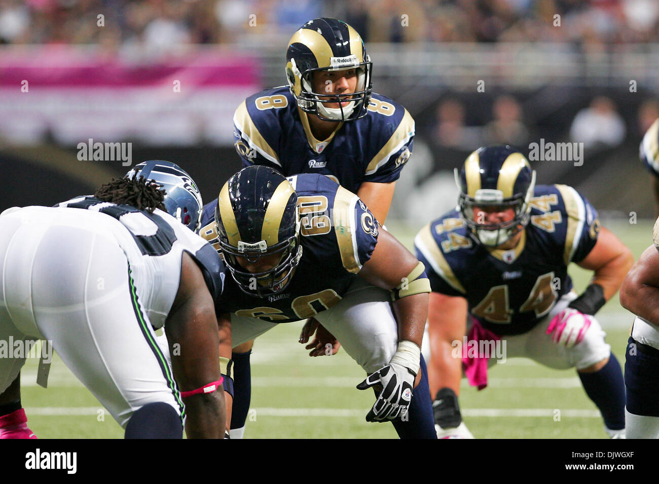 03 octobre, 2010 - Saint Louis, Missouri, United States of America - Saint Louis Rams quart-arrière Sam Bradford (# 8) évalue la défense nationale au cours d'un match entre le Saint Louis Rams et les Seahawks de Seattle à l'Edward Jones Dome à Saint Louis, Missouri. Les Béliers défait Seahawks 20-3. (Crédit Image : © Jimmy Simmons/ZUMApress.com) Southcreek/mondial Banque D'Images