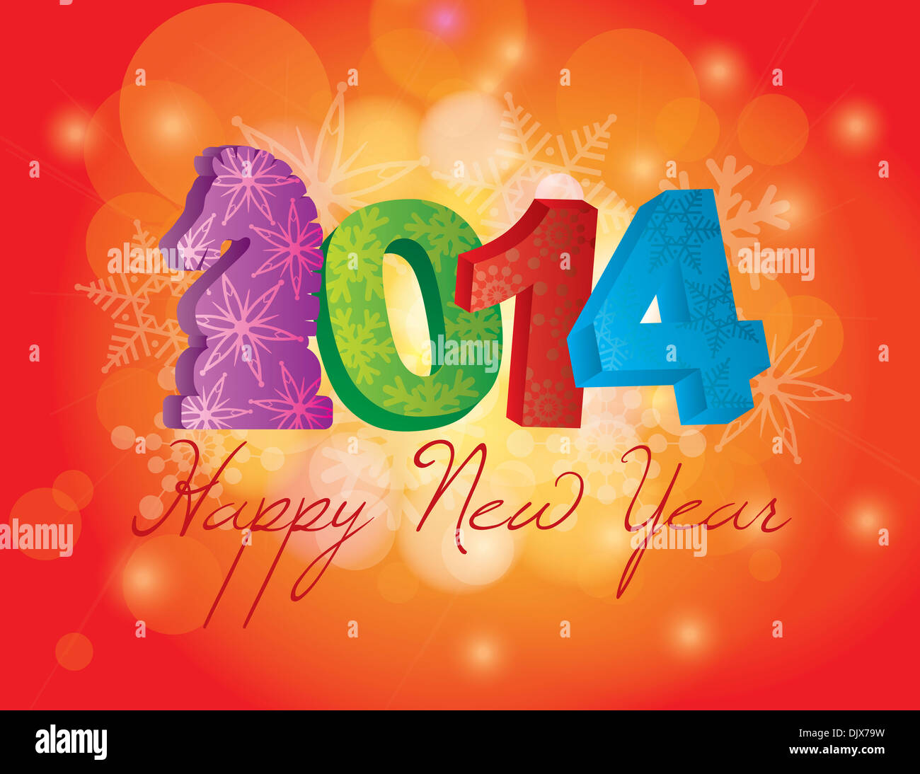 2014 Joyeux Nouvel An chinois du cheval du texte et des nombres avec des flocons sur fond flou d'illustration Banque D'Images