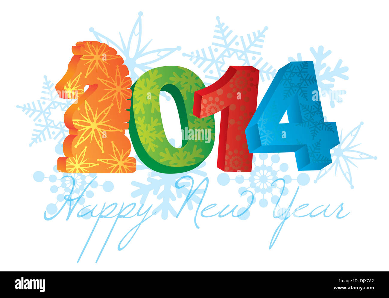 2014 Joyeux Nouvel An chinois du cheval Texte et chiffres 3D avec motif flocons illustration isolé sur fond blanc Banque D'Images