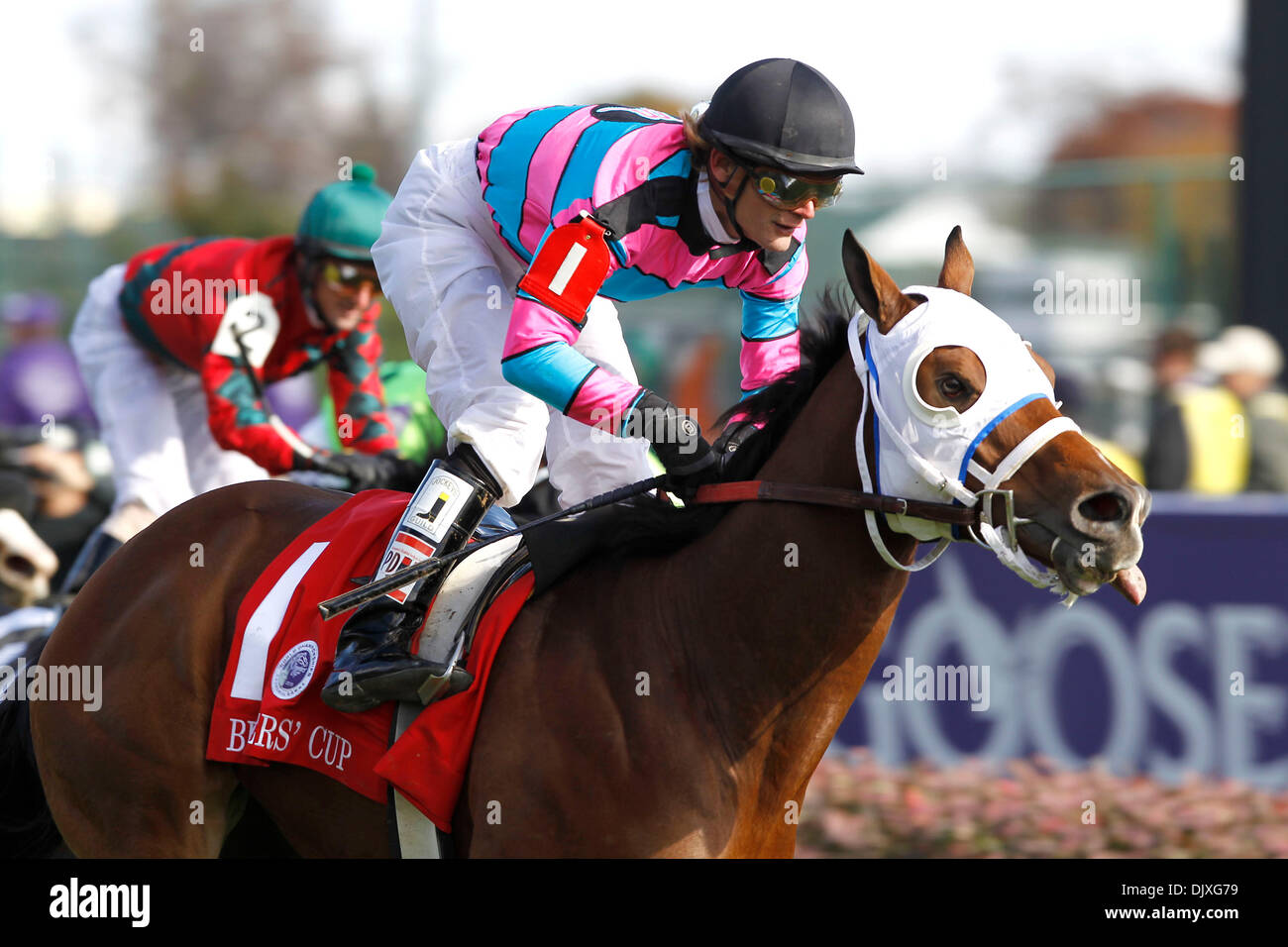 6 novembre 2010 - Louisville, KY, USA - Cheval no. 1- Chamberlain Bridge avec Jamie Theriot équestre, a remporté le sprint de la Breeders' Cup Turf à Churchill Downs à Louisville, Ky., samedi, 06 novembre, 2010. N° cheval 2- Le centre ville avec Robby Albarado équitation a terminé deuxième. N° cheval 4- Décompressez moi avec Rafael Bejarano équestre, a terminé troisième. Photo par Charles Bertram | Personnel. (Crédit Image : Banque D'Images