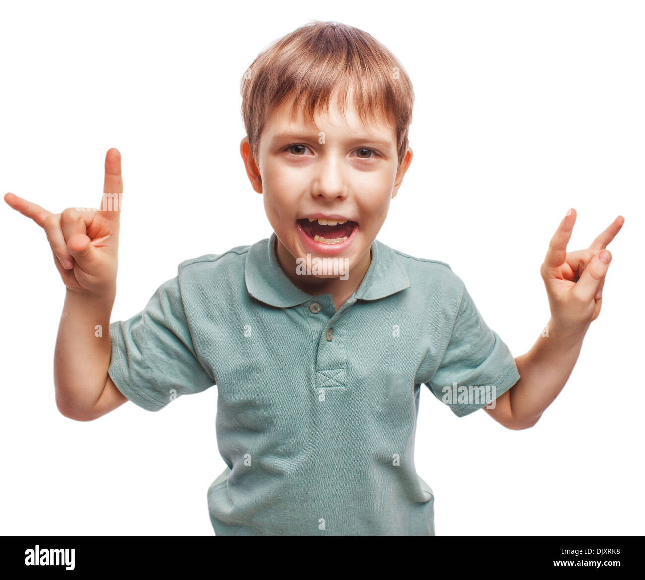 Montre enfant garçon adolescent mains geste metal rock devil isolé sur fond blanc Banque D'Images