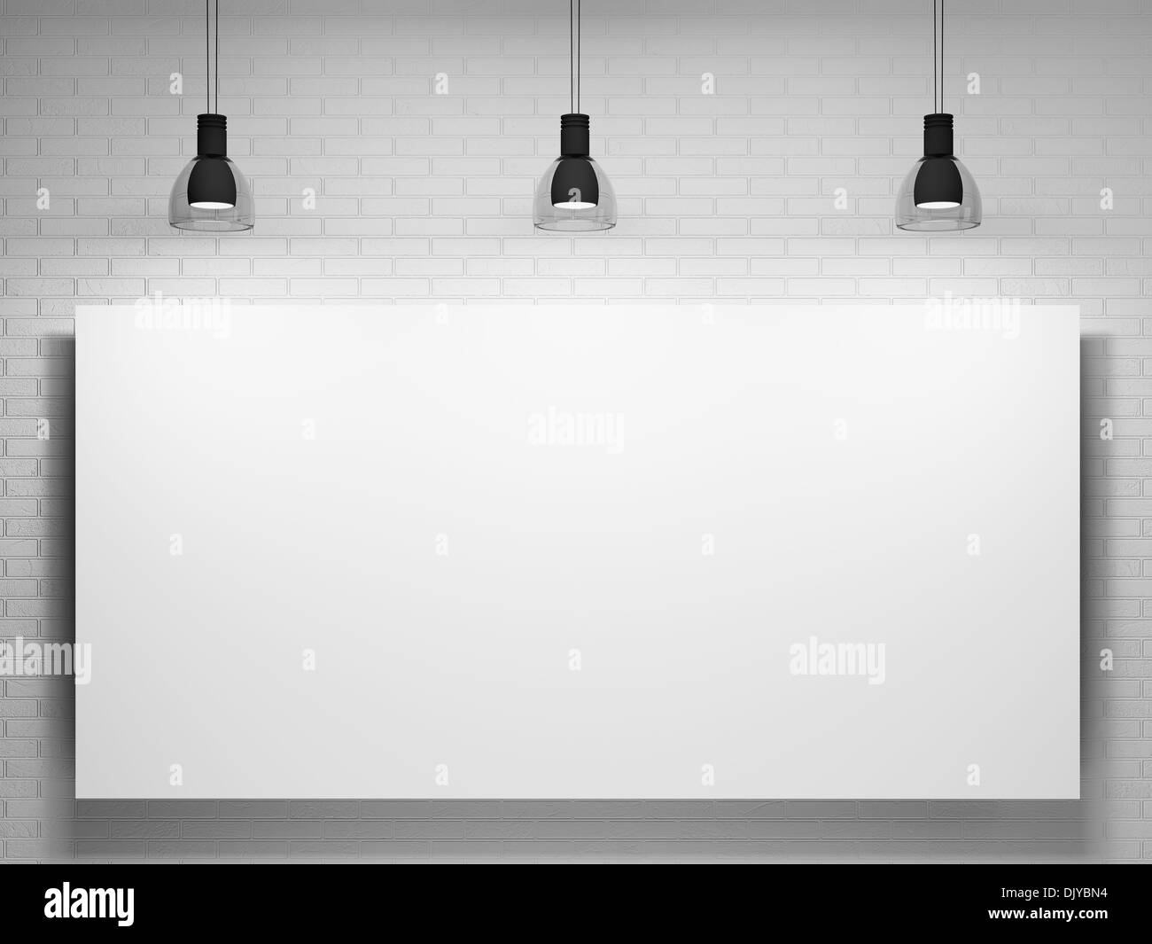 Poster et lampes sur le mur en brique blanche Banque D'Images