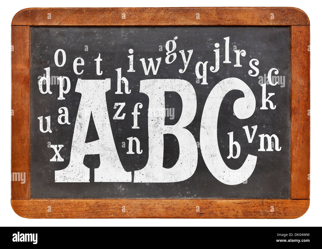 ABC et des lettres aléatoires de l'alphabet sur un tableau noir ardoise vintage isolated on white Banque D'Images