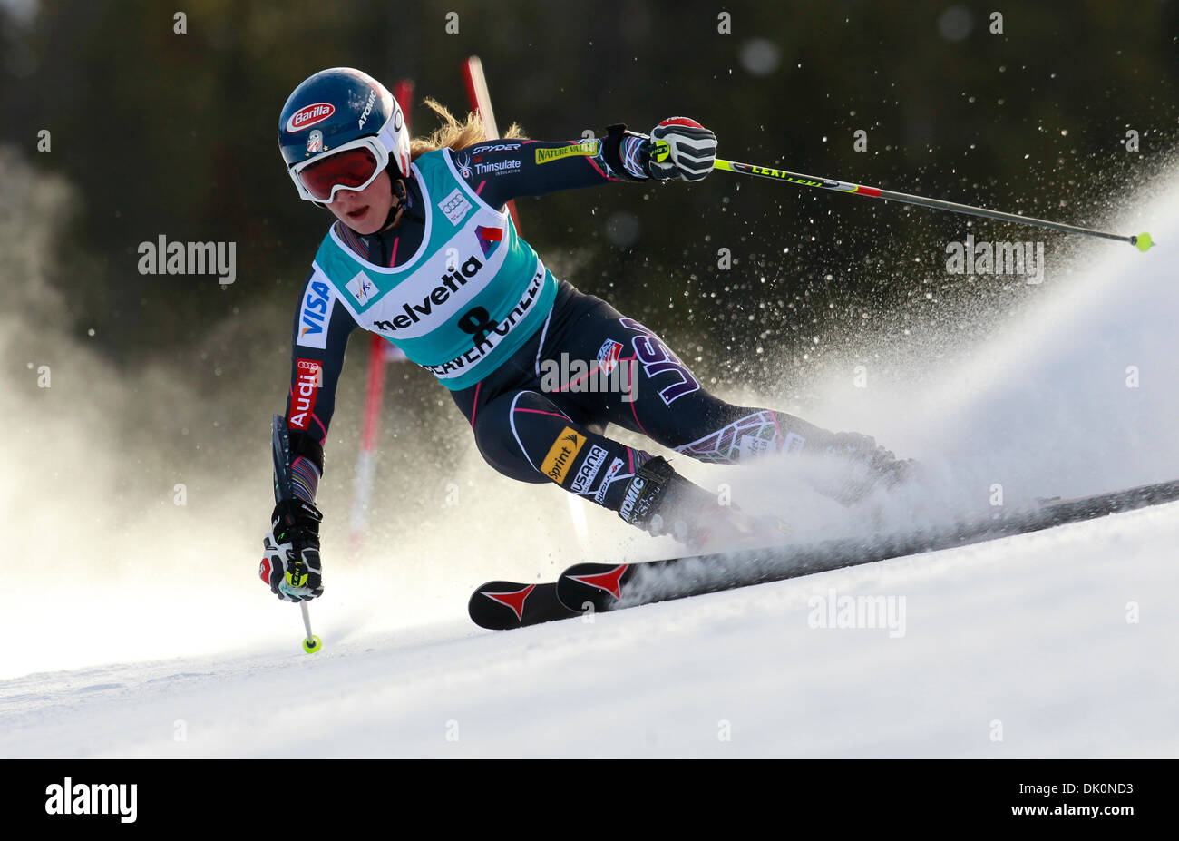 Beaver Creek, Colo, USA. 1er décembre 2013. Mikaela Shiffrin des États-Unis au cours de la première exécution de la Coupe du Monde de ski FIS Slalom géant course sur le nouveau cours de rapaces à Beaver Creek, Colorado. Credit : Ralph Lauer/ZUMAPRESS.com/Alamy Live News Banque D'Images