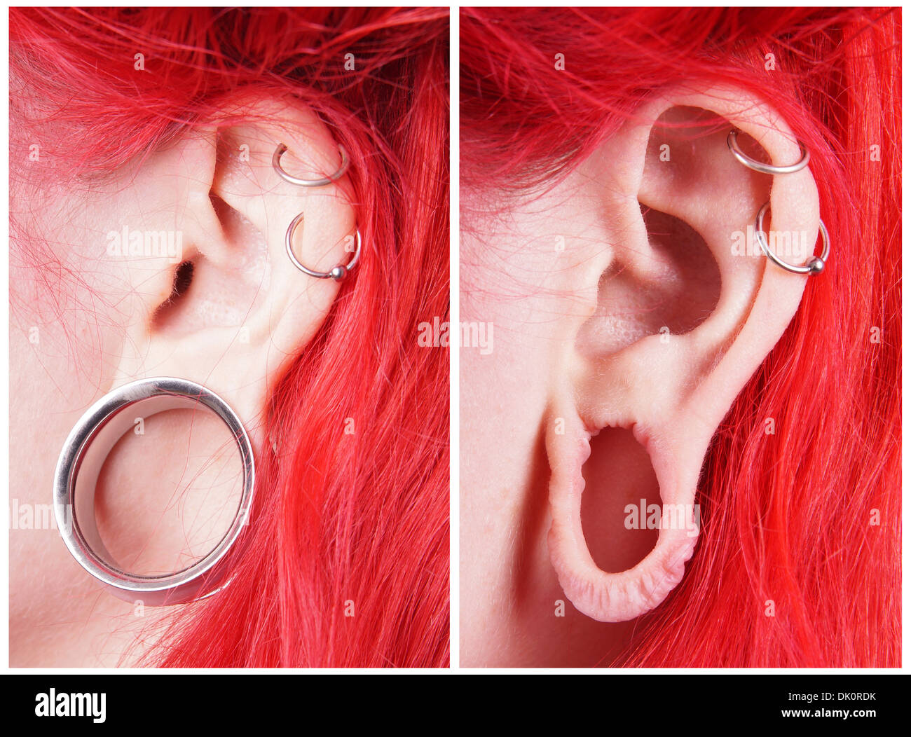 Piercing lobe de l'oreille tendue avec et sans tunnel chair Photo Stock -  Alamy
