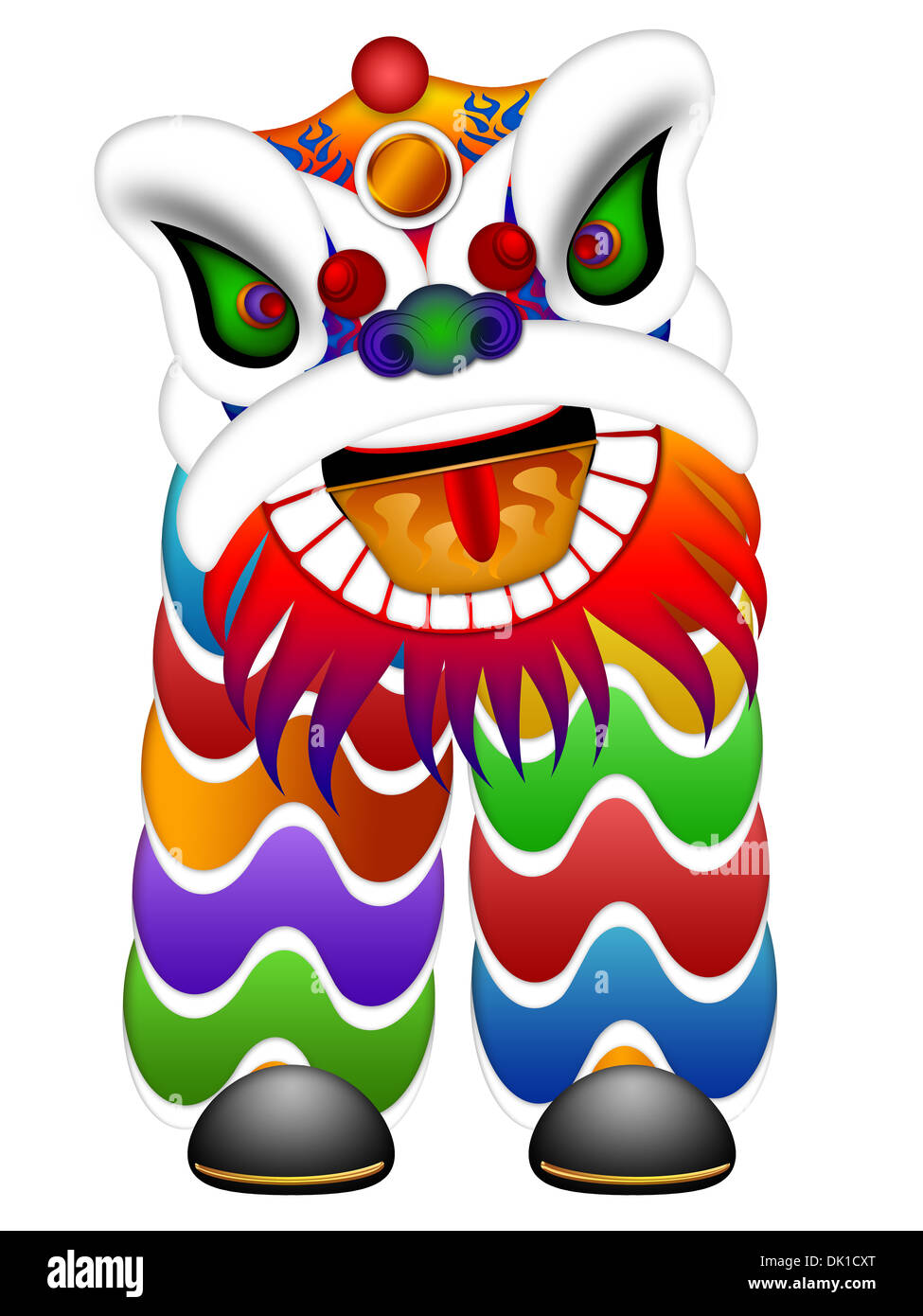 Danse du lion chinois Tête et corps orné colorés isolé sur fond blanc Illustration Banque D'Images