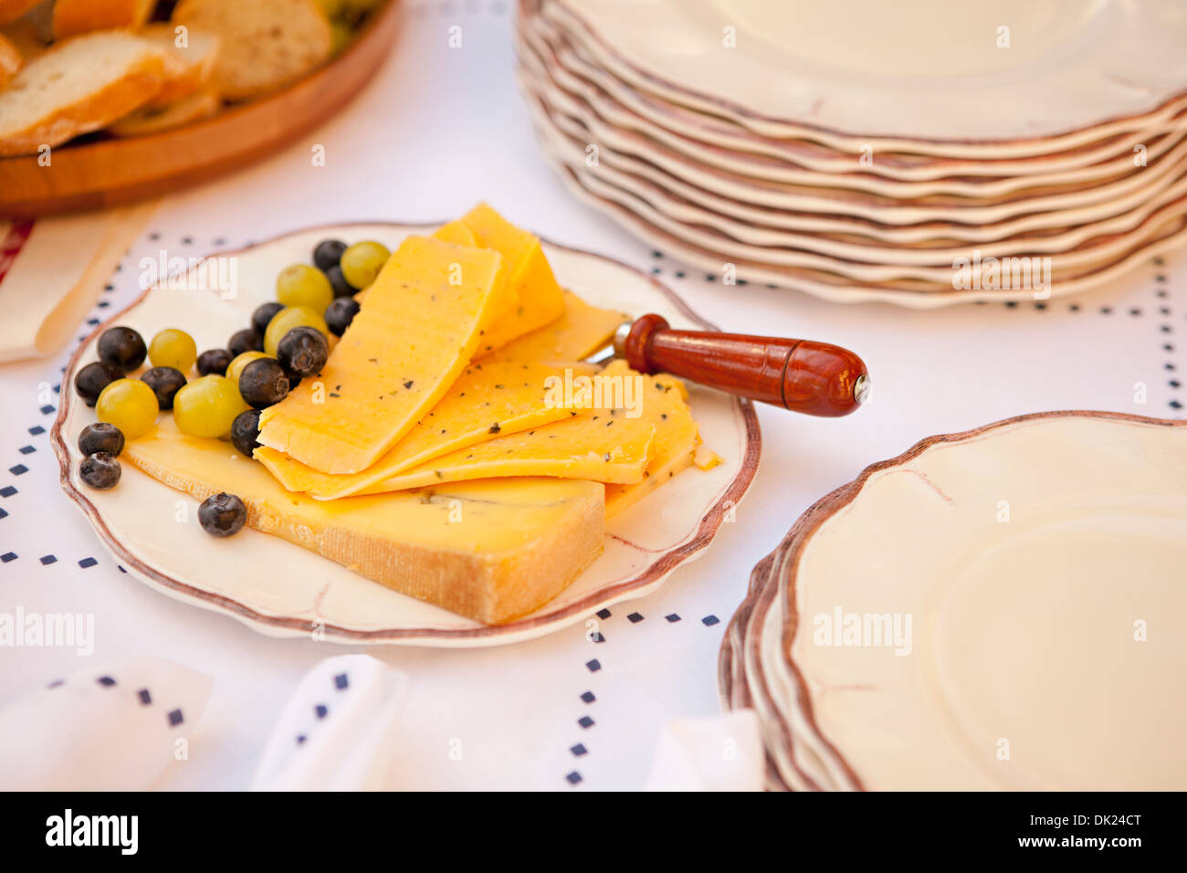 Plateau de fromages avec les bleuets et les raisins Banque D'Images