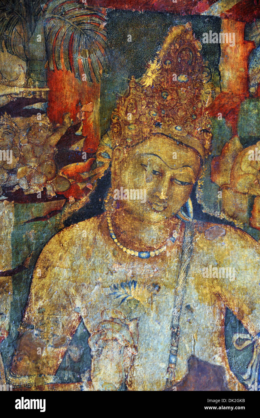 Bodhisattva Padmapani : 1 Cave - Close up. Paroi arrière, gauche de culte antichambre. Grottes d'Ajanta, Aurangabad, Maharashtra, Inde Banque D'Images