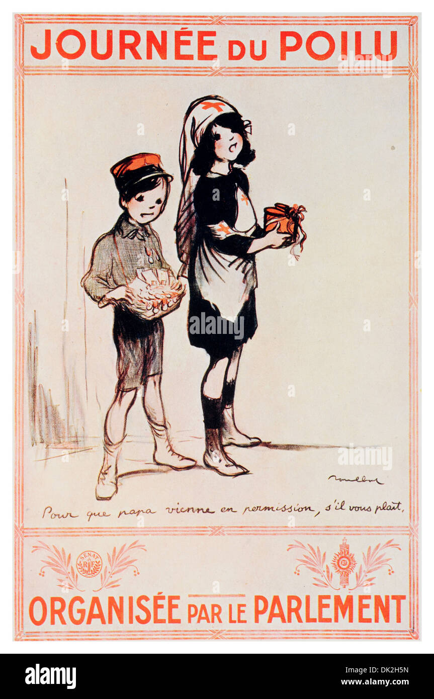 Poster par l'artiste, Francisque Poulbot. Intitulé Pour que papa peut venir en congé, s'il vous plaît. Banque D'Images