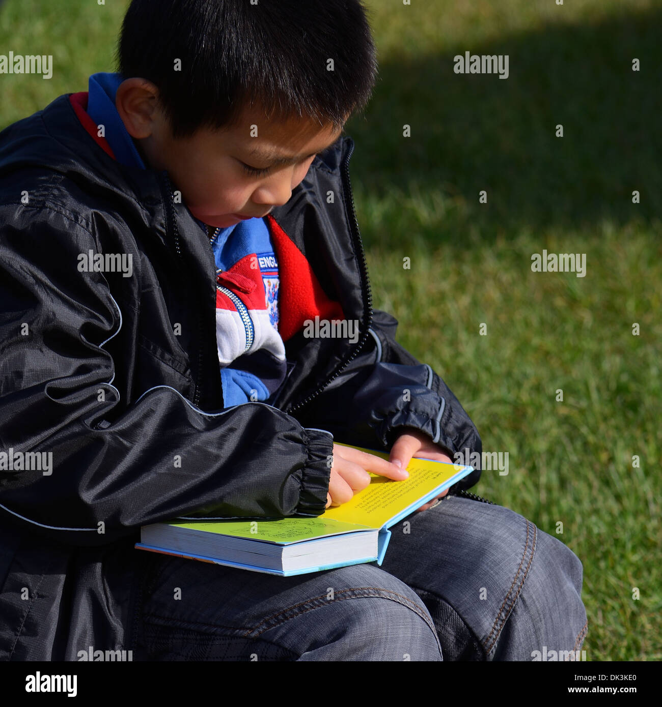 Jeune garçon asiatique assis dehors au soleil, la lecture d'un livre de contes pour enfants Banque D'Images