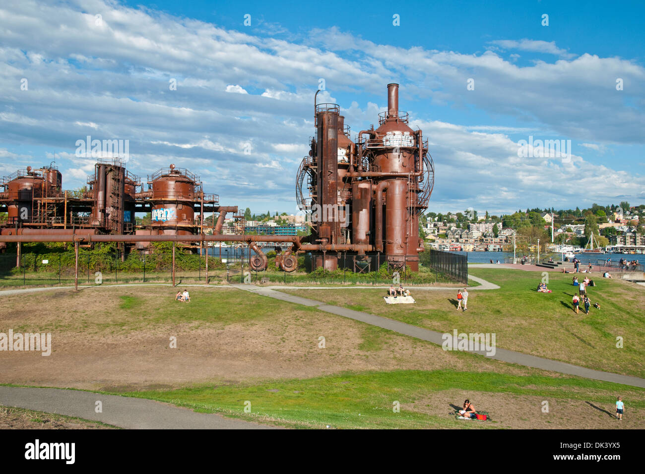 Perspective de l'park montrant l'ancienne usine Usine à gaz,Park, Seattle, État de Washington, USA Banque D'Images